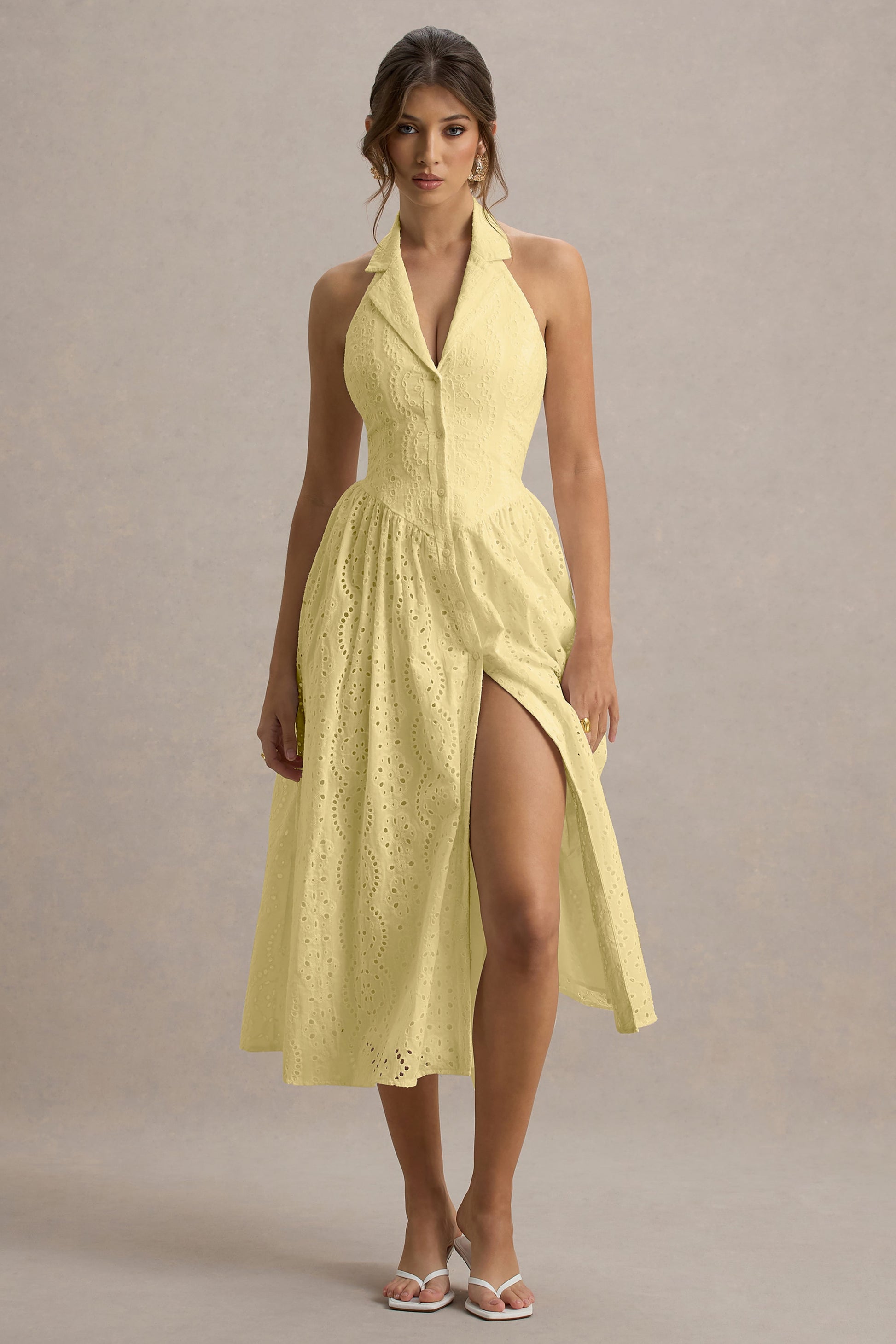 Jezebel | Yellow Lace Plunge-Neck Collared Midi Dress