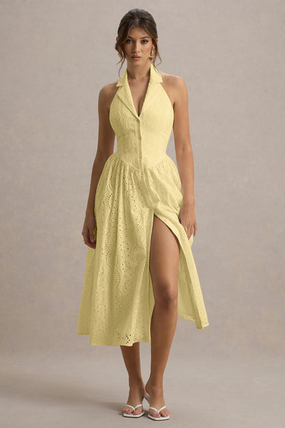 Jezebel | Yellow Lace Plunge-Neck Collared Midi Dress
