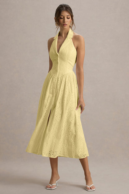 Jezebel | Yellow Lace Plunge-Neck Collared Midi Dress