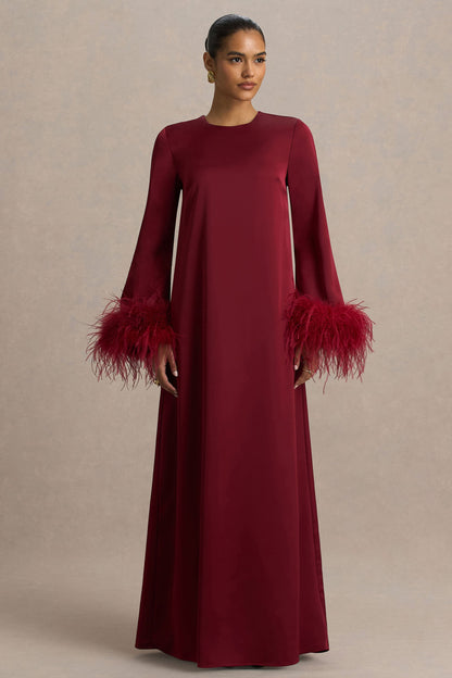 Adella | Burgundy Satin Feather-Trim Maxi Dress