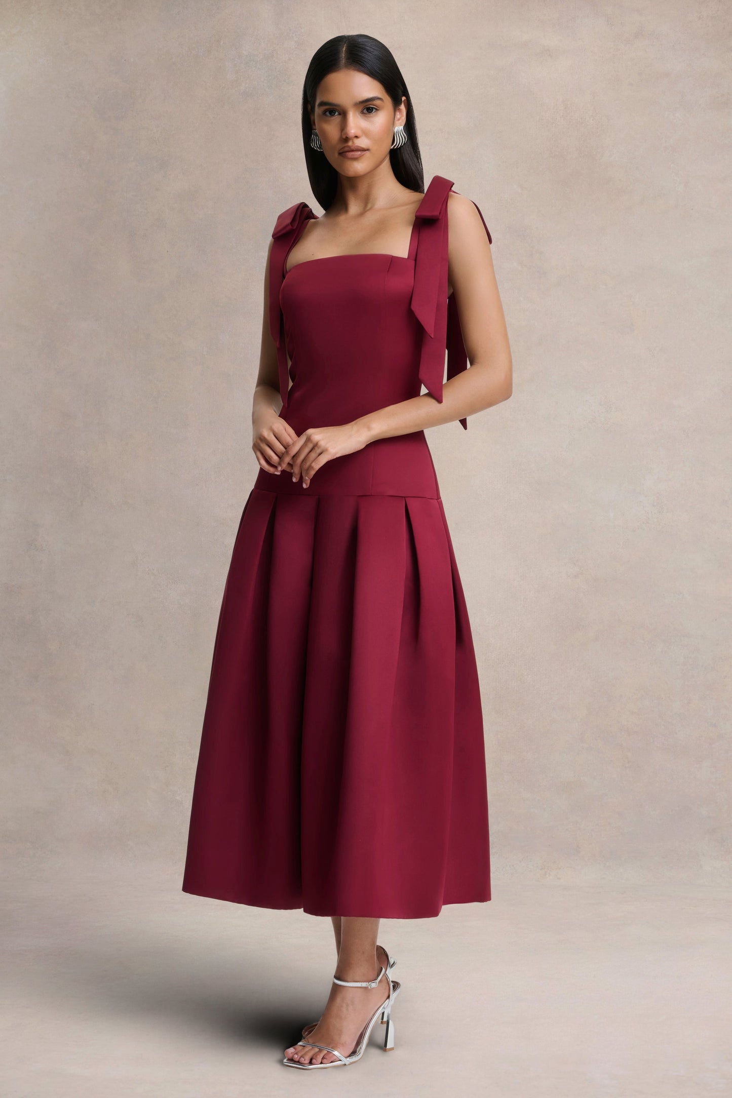 Alberta | Burgundy Satin Square-Neck Midi Dress With Bow Straps