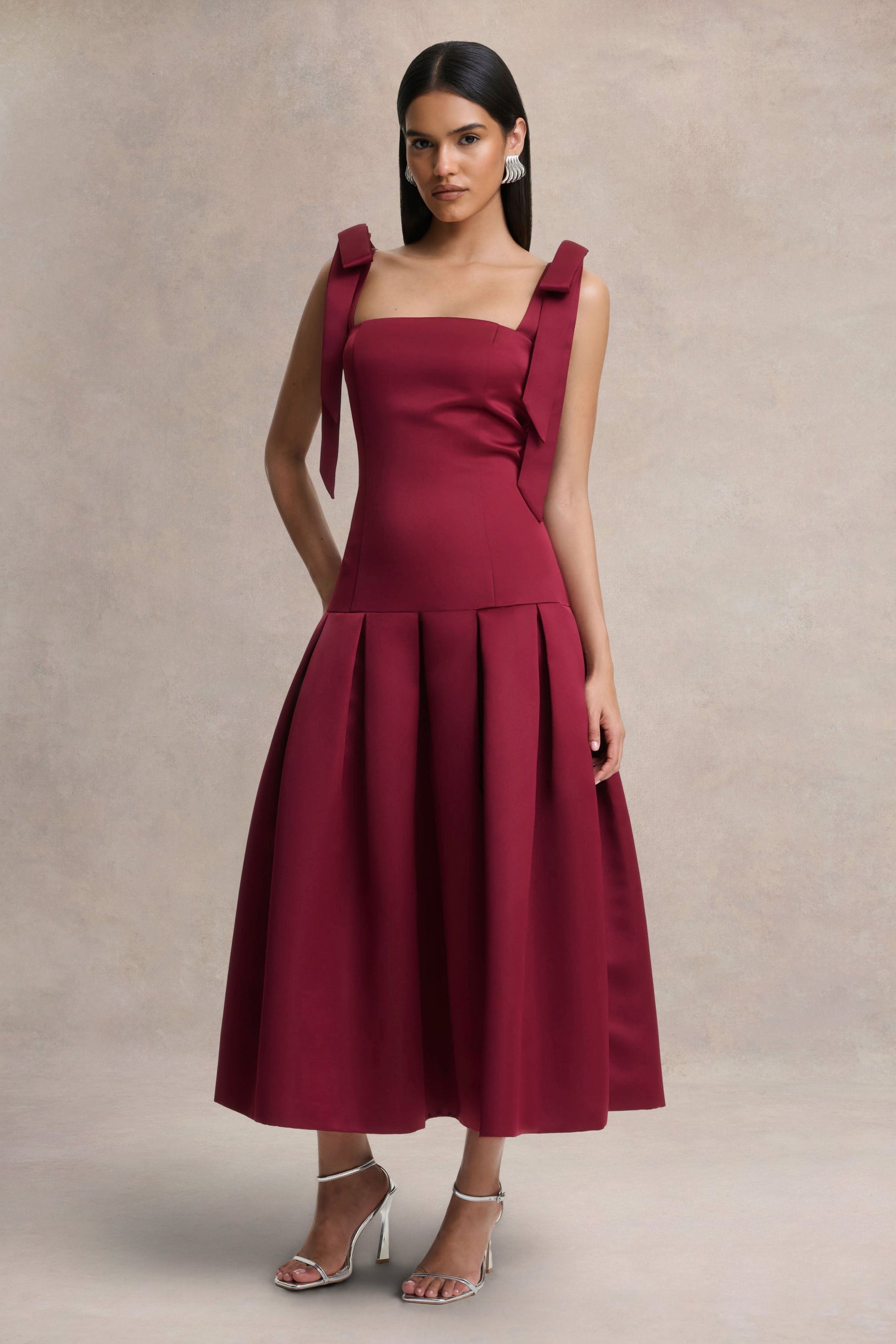 Alberta | Burgundy Satin Square-Neck Midi Dress With Bow Straps