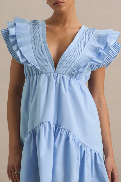 Judie | Blue Poplin V-Neck Ruffled Mini Dress
