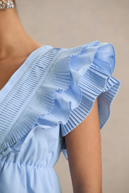 Judie | Blue Poplin V-Neck Ruffled Mini Dress
