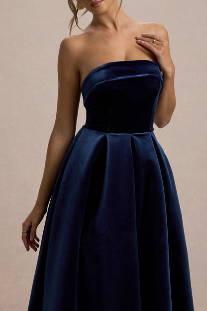Addina | Navy Velvet Bandeau Skater Midi Dress