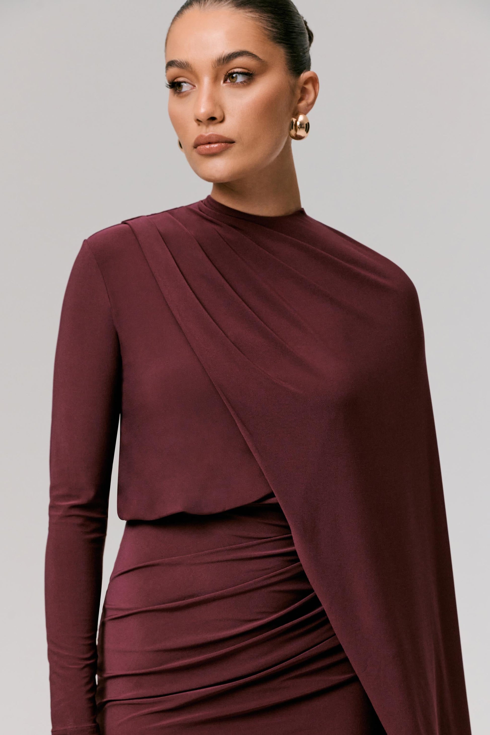 Celeste | Burgundy Long-Sleeve Mini Dress With Cape Sleeve
