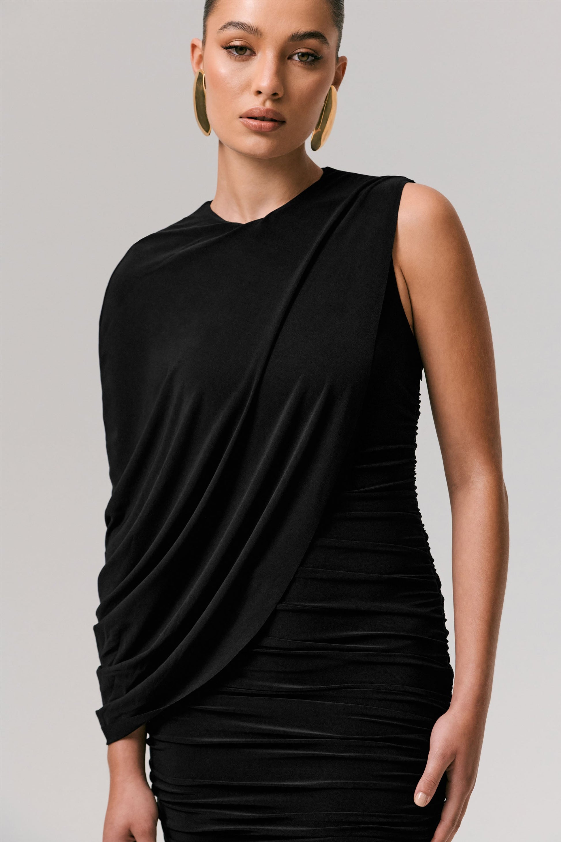 Fortuna | Black Ruched Mini Dress With One-Sleeve