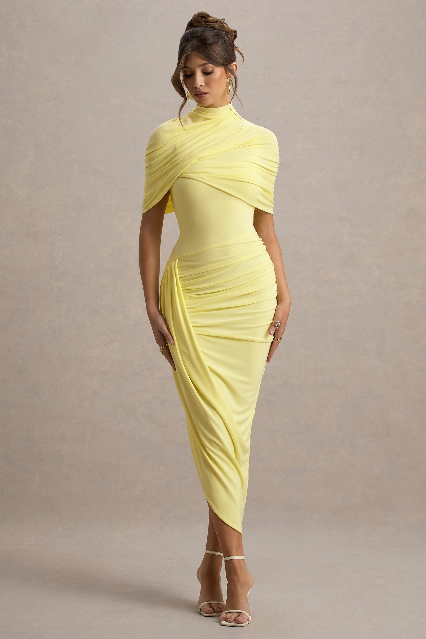 Enchant | Lemon Asymmetric Twisted Cape Midi Dress