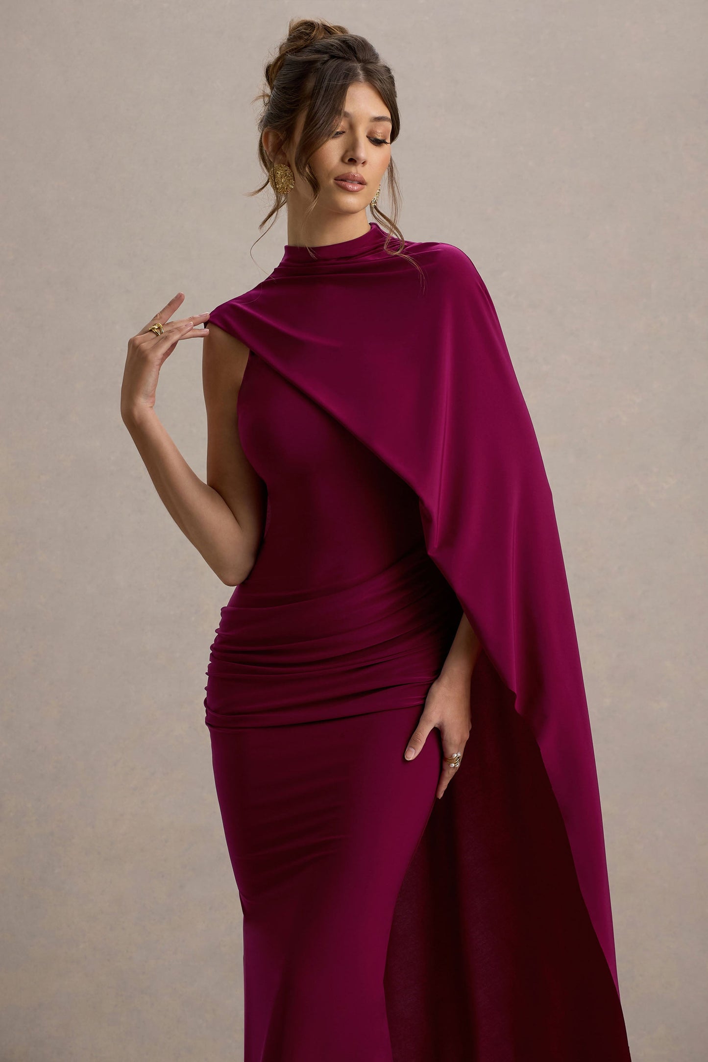Maeve | Burgundy Cape-Sleeve Draped Maxi Dress