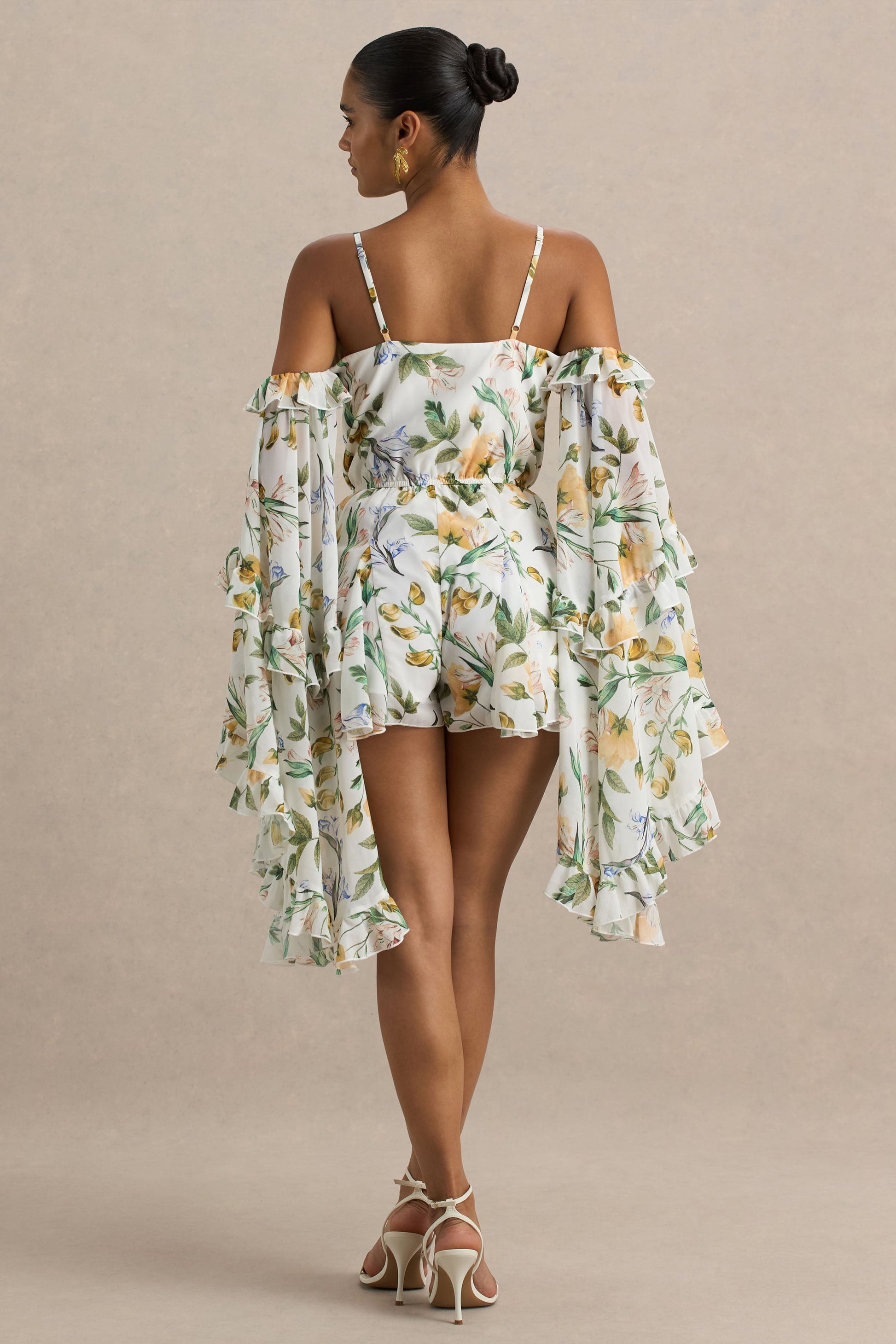 Anaya | Lemon Floral Print Chiffon Playsuit With Long Sleeves