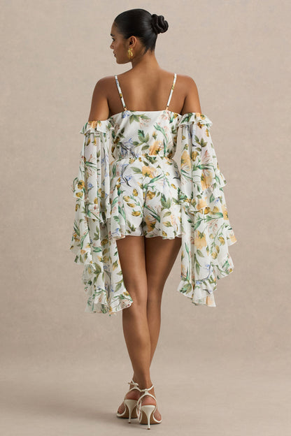 Anaya | Lemon Floral Print Chiffon Playsuit With Long Sleeves