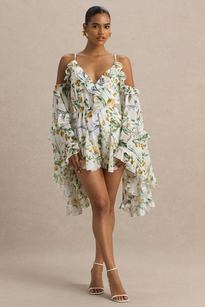 Anaya | Lemon Floral Print Chiffon Playsuit With Long Sleeves