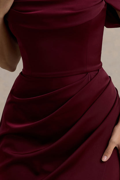 Annie | Burgundy Satin Bardot Maxi Dress With Split Wrap Skirt