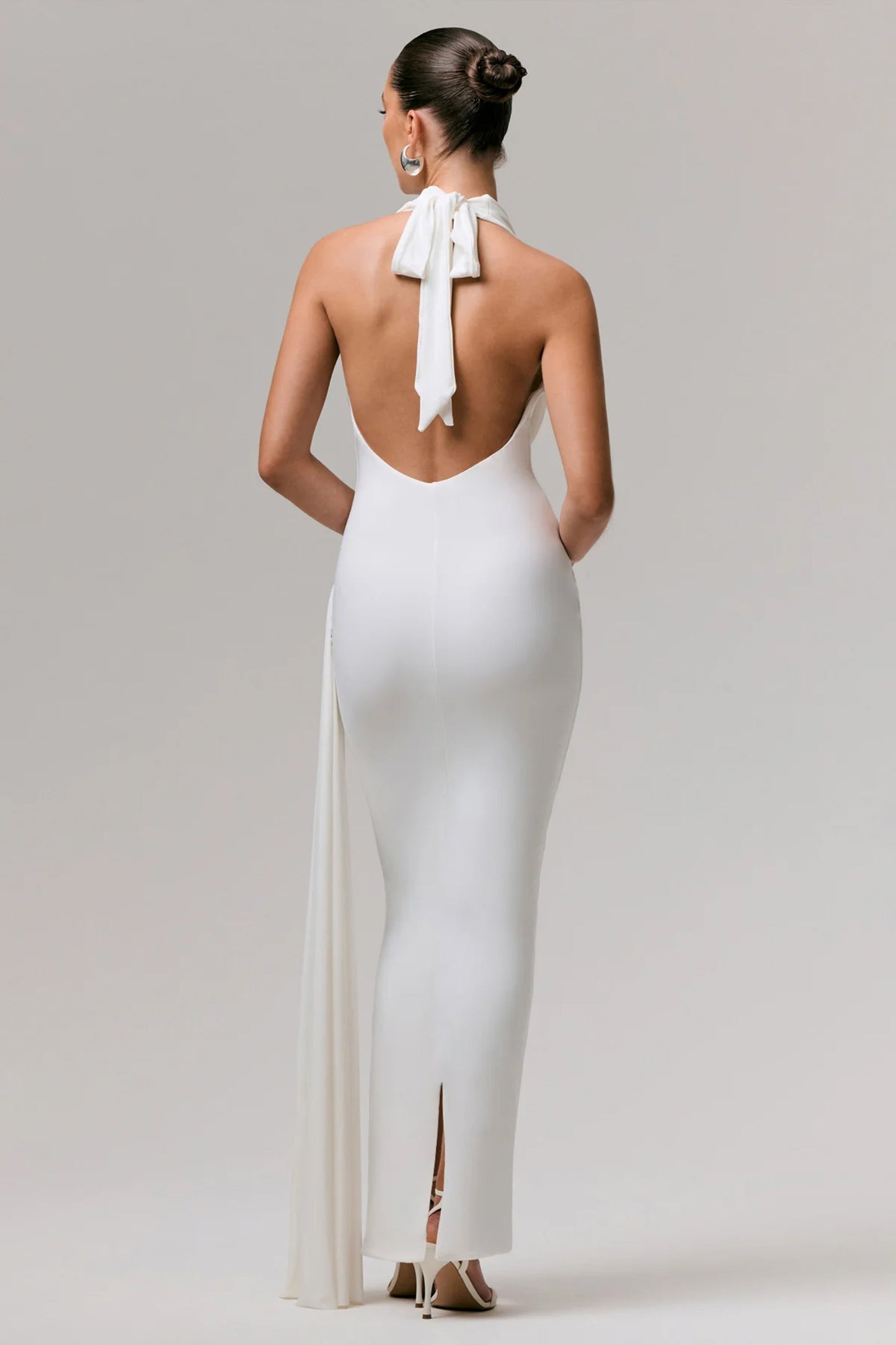 Maude | White Plunge-Neck Ruched Maxi Dress With Sash