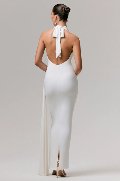 Maude | White Plunge-Neck Ruched Maxi Dress With Sash