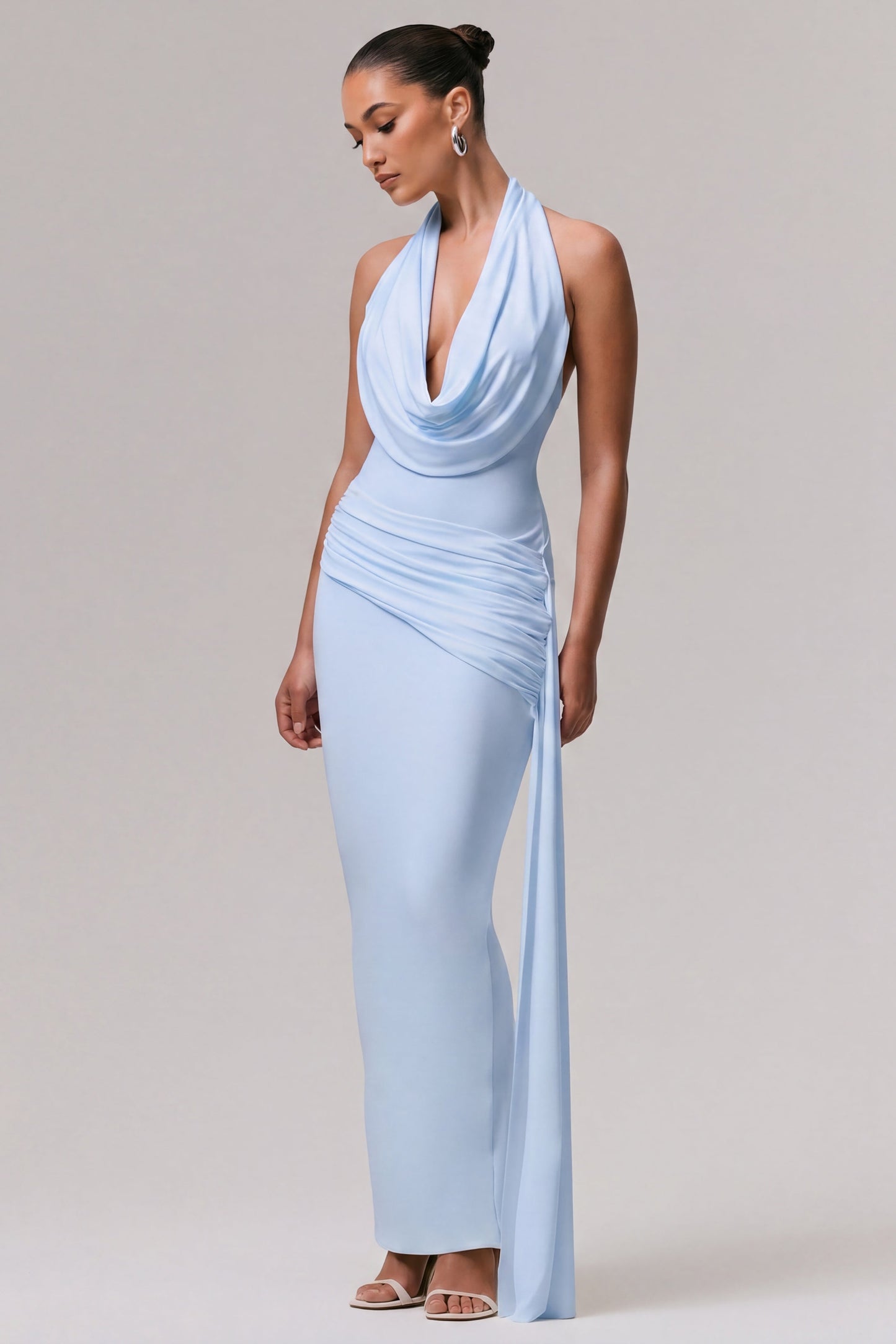 Maude | Light Blue Halter-Neck Draped Maxi Dress With Sash