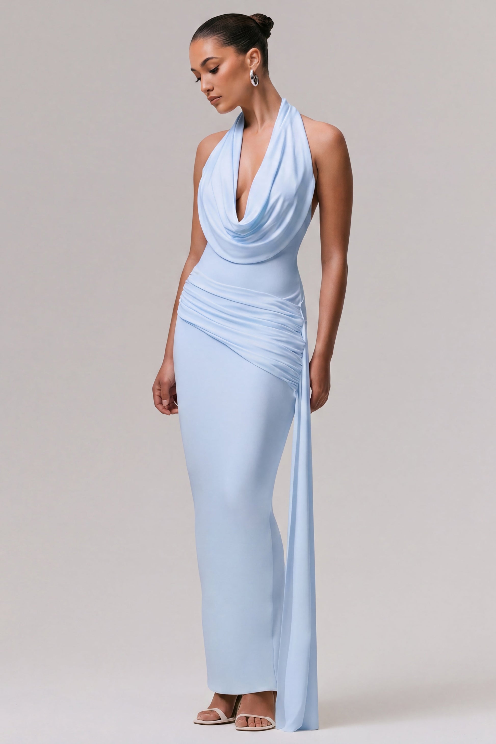 Maude | Light Blue Halter-Neck Draped Maxi Dress With Sash