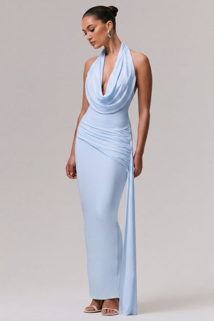 Maude | Light Blue Halter-Neck Draped Maxi Dress With Sash