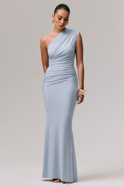 Mardi | Powder Blue Asymmetric Maxi Dress With Ruching