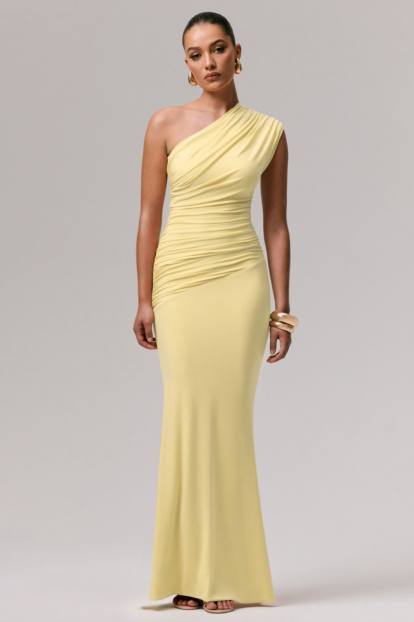 Mardi | Lemon Asymmetric Maxi Dress With Ruching