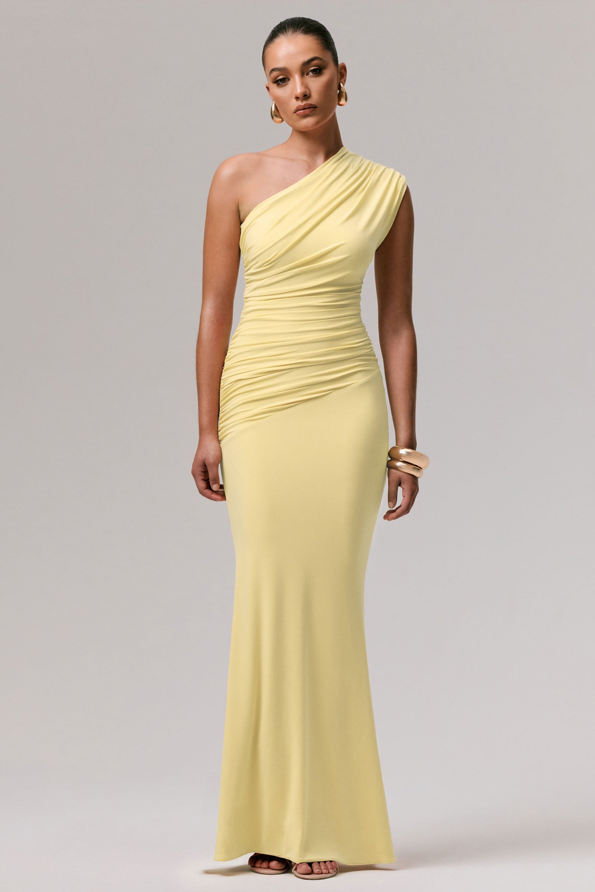 Mardi | Lemon Asymmetric Maxi Dress With Ruching