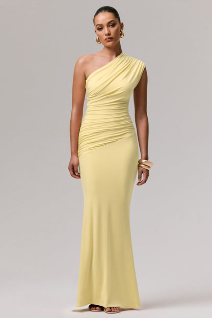 Mardi | Lemon Asymmetric Maxi Dress With Ruching