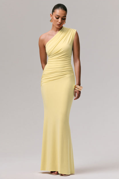 Mardi | Lemon Asymmetric Maxi Dress With Ruching