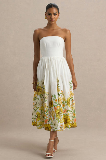 Ivory | Sunflower Print Bandeau High-Low Midi Dress