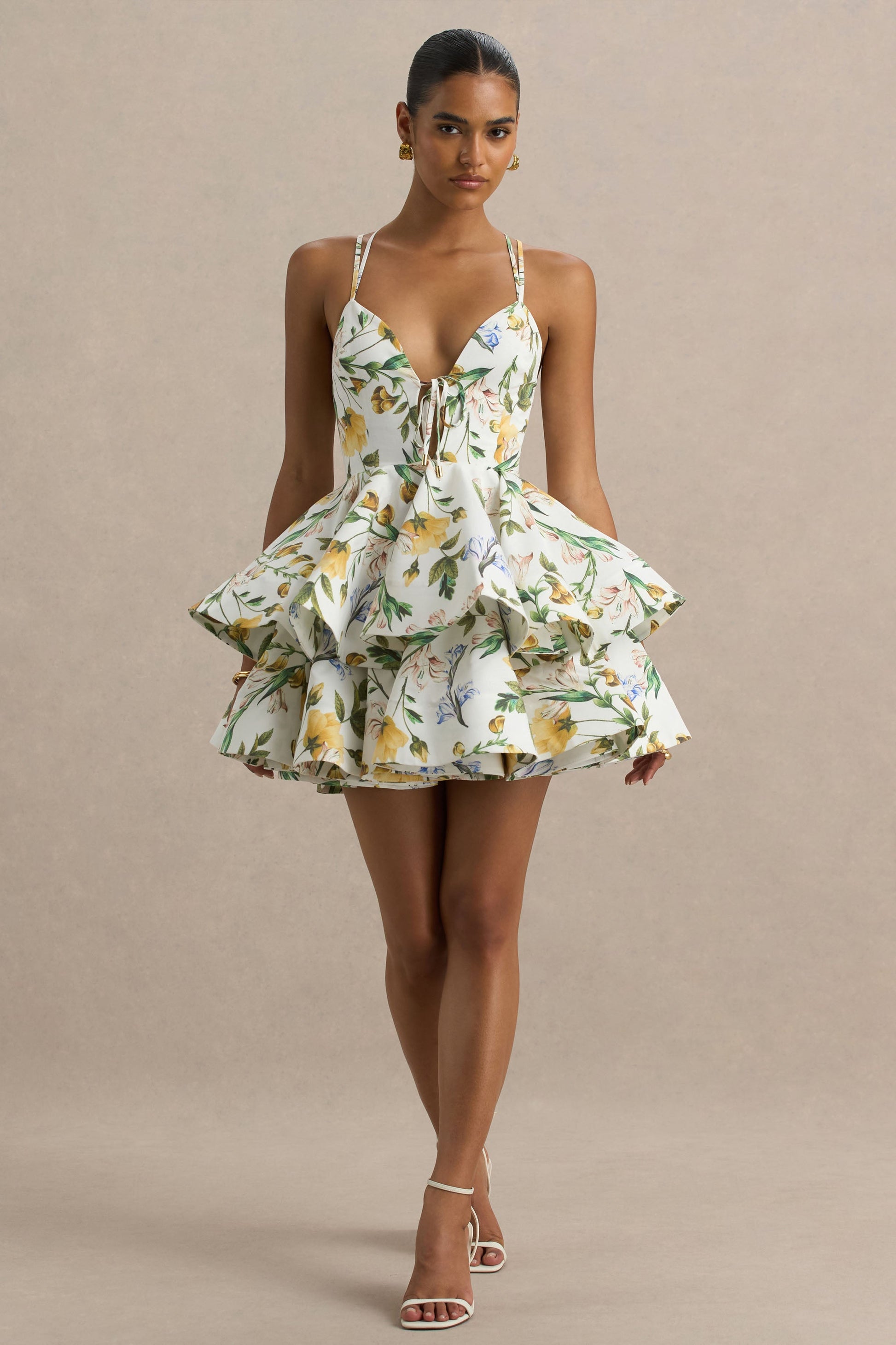 Flavia | Lemon Floral Print Plunge-Neck Ruffled Skater Micro-Mini Dress