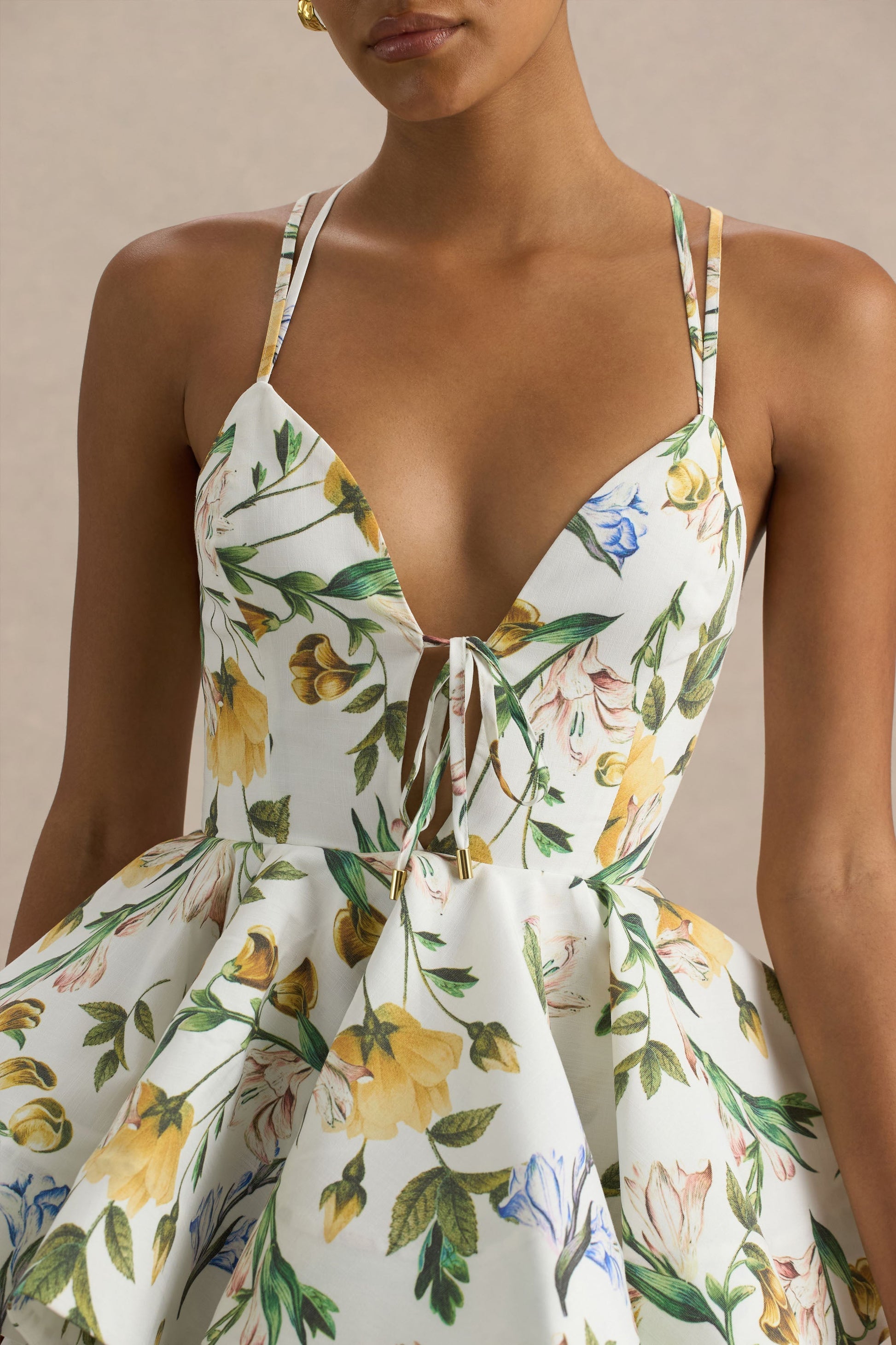 Flavia | Lemon Floral Print Plunge-Neck Ruffled Skater Micro-Mini Dress