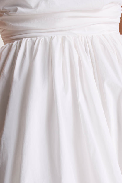 Faye | White Puff Ball Bandeau Micro Mini Dress With Ruching Details
