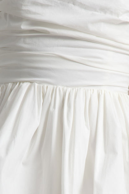 Faye | White Puff Ball Bandeau Micro Mini Dress With Ruching Details