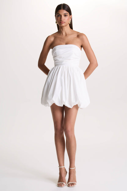 Faye | White Puff Ball Bandeau Micro Mini Dress With Ruching Details