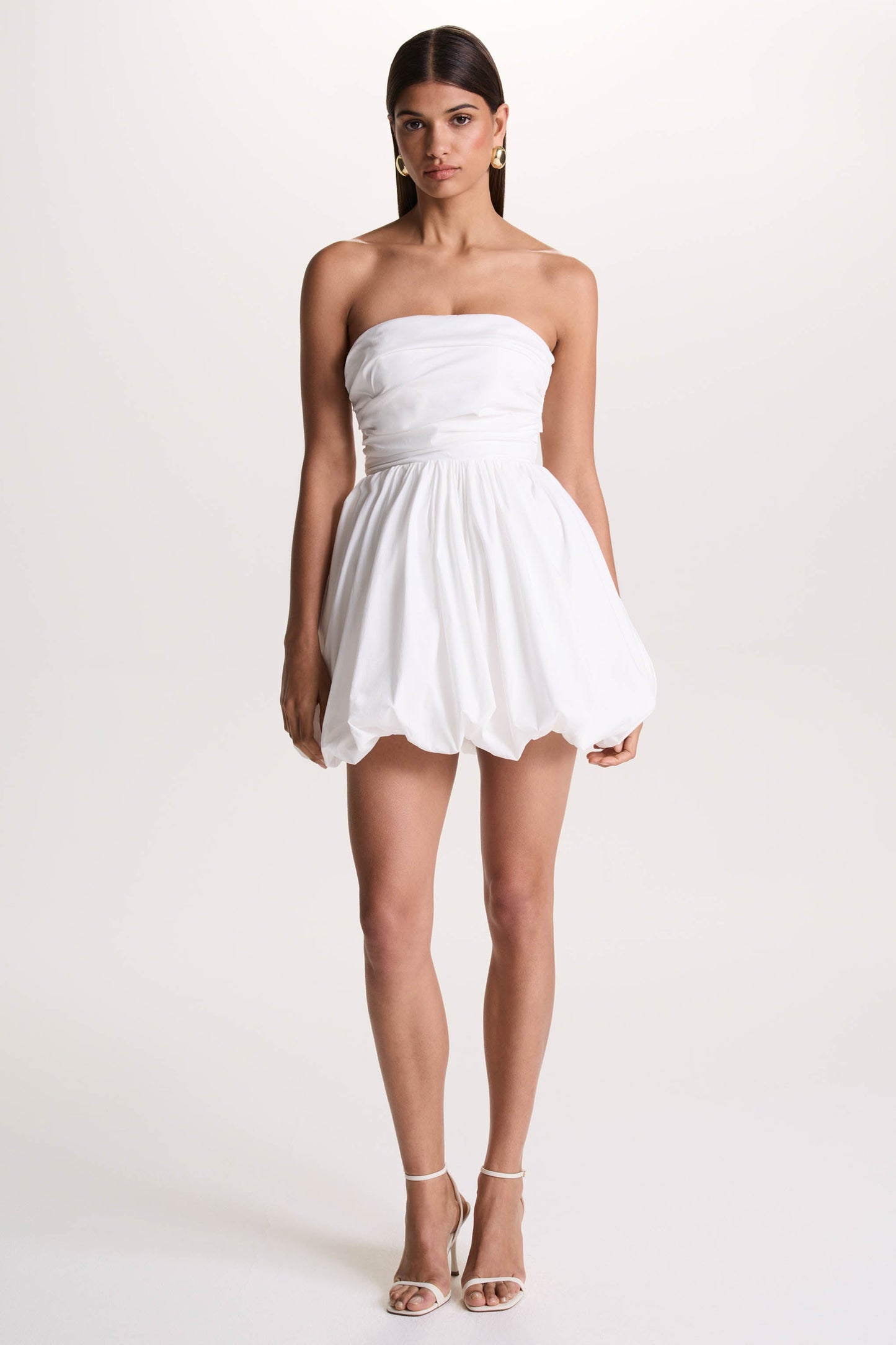 Faye | White Puff Ball Bandeau Micro Mini Dress With Ruching Details