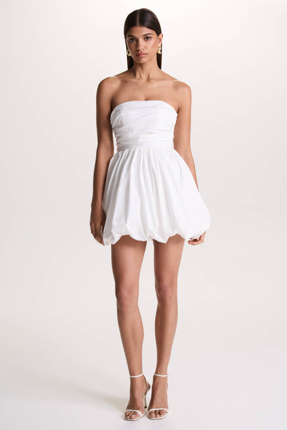 Faye | White Puff Ball Bandeau Micro Mini Dress With Ruching Details