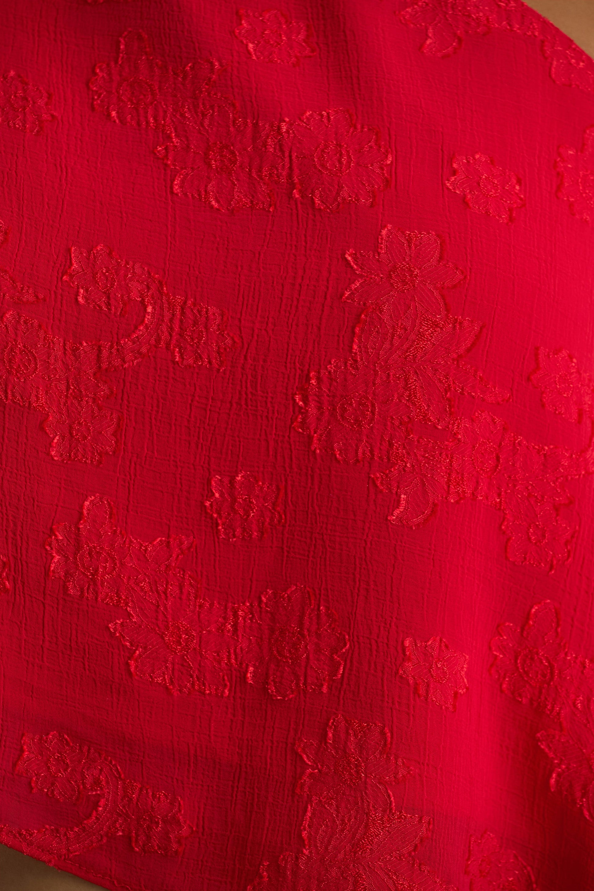 Aruba | Red Satin Devore Asymmetric Long-Sleeve Crop Top