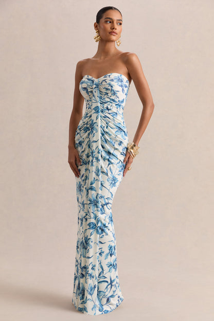 Ali | Blue Porcelain Print Sweetheart Ruched Wrap Maxi Dress