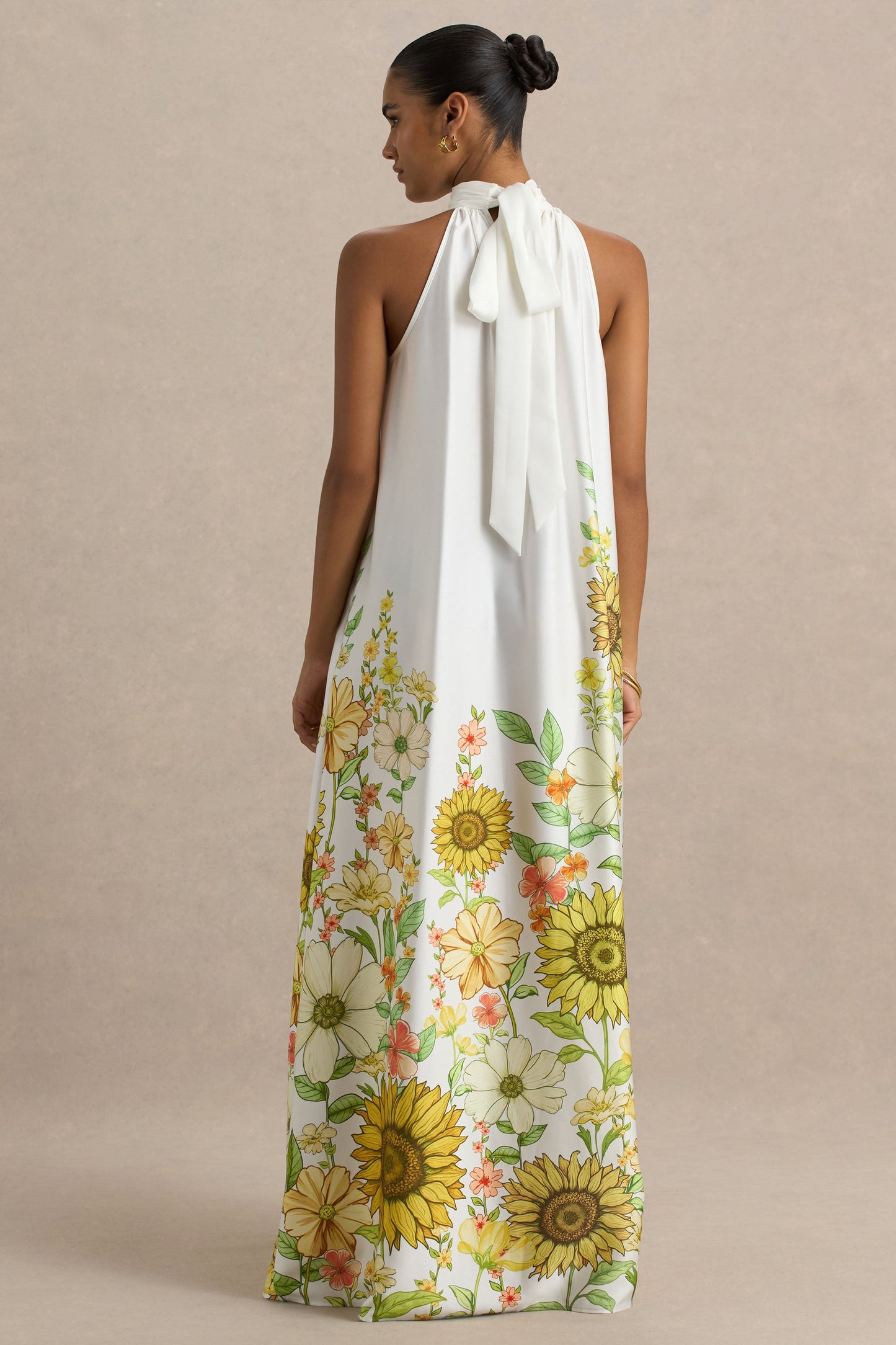 Glide | Sunflower Print Satin High-Neck Slip Maxi Dress