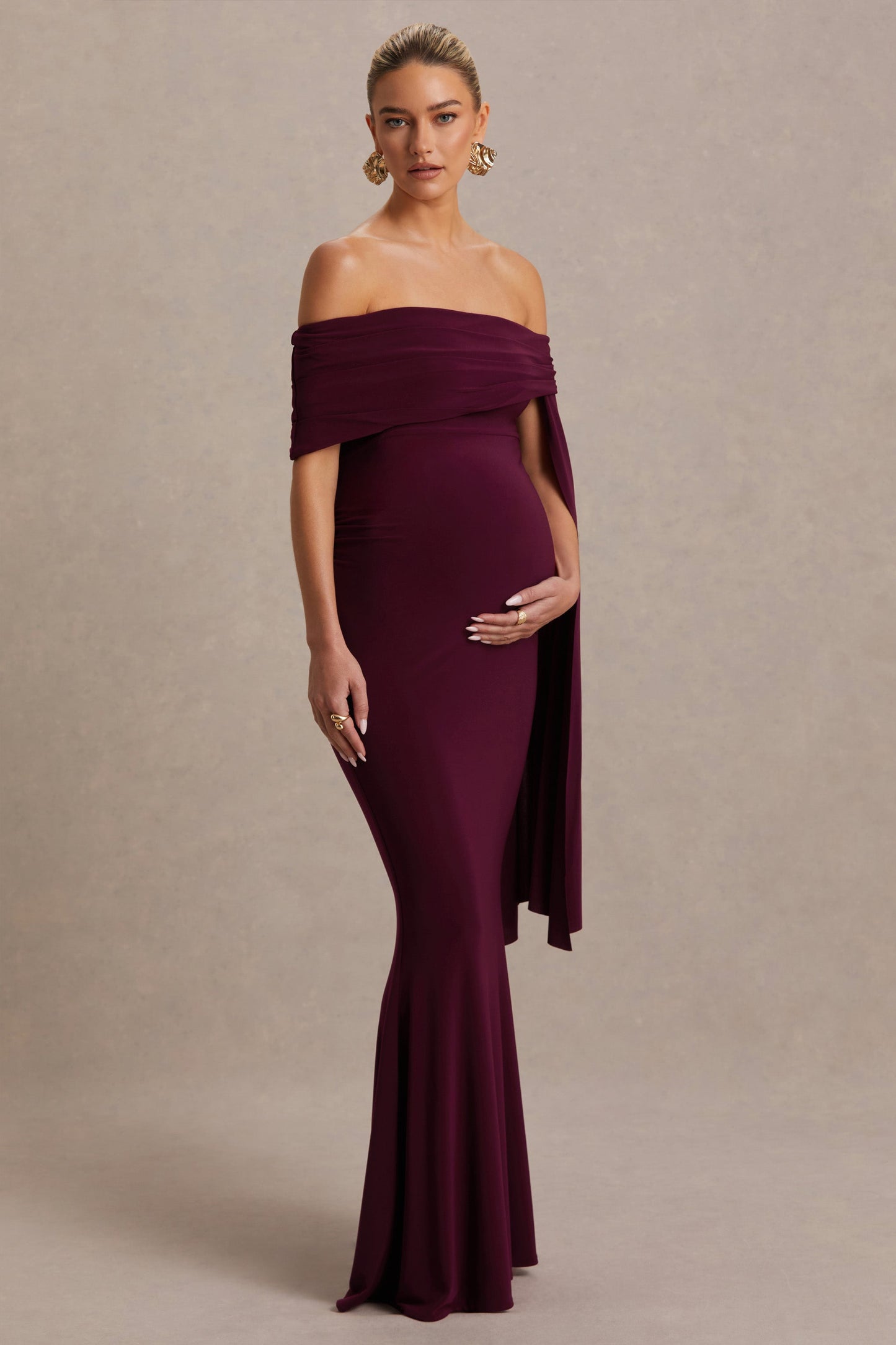 Aquila | Burgundy Bardot Maternity Maxi Dress With Draped Detail