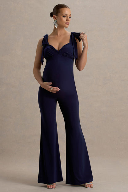 Impeccable | Navy Sweetheart Bow Strap Maternity Jumpsuit