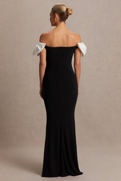 Didi | Black & White Bardot Bow Detail Maternity Maxi Dress
