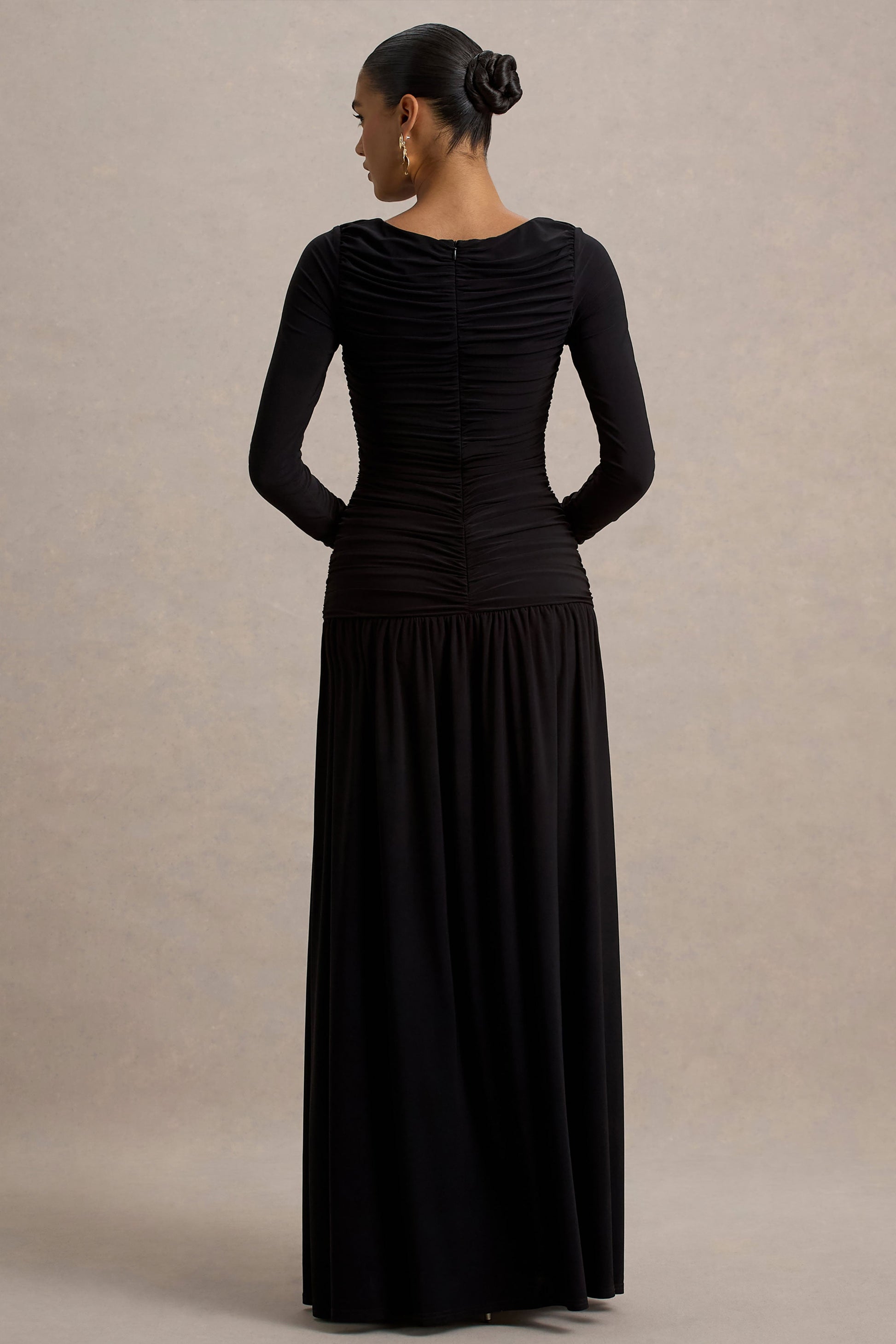 Aniyah | Black High-Neck Maxi Dress With Ruched Detailing
