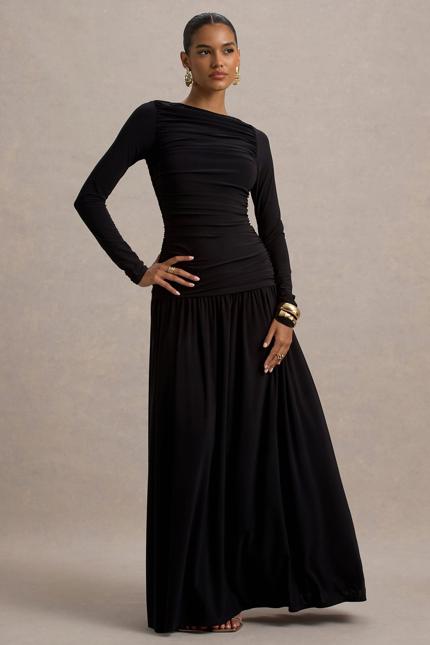 Aniyah | Black High-Neck Maxi Dress With Ruched Detailing