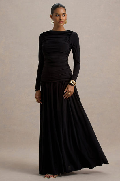 Aniyah | Black High-Neck Maxi Dress With Ruched Detailing