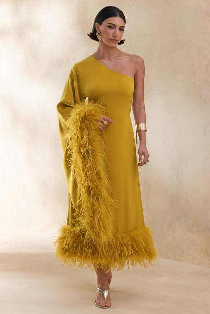 Destiny | Yellow Satin Asymmetric-Neck Midi Dress With Feather Details