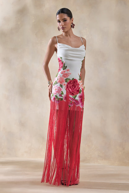 Bejewelled | Cream and Pink Floral Cowl-Neck Maxi Dress With Fringe Hem