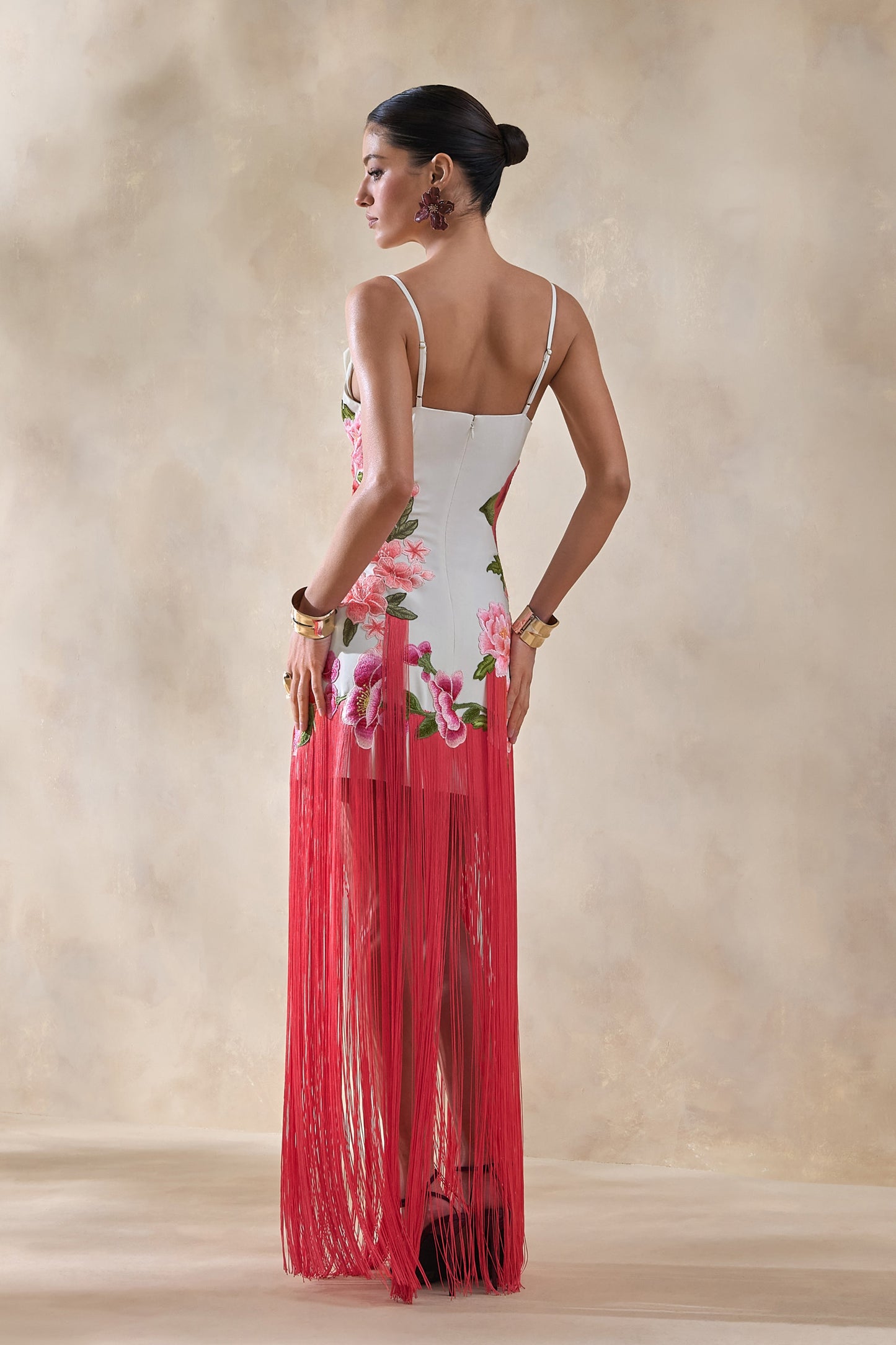 Bejewelled | Cream and Pink Floral Cowl-Neck Maxi Dress With Fringe Hem