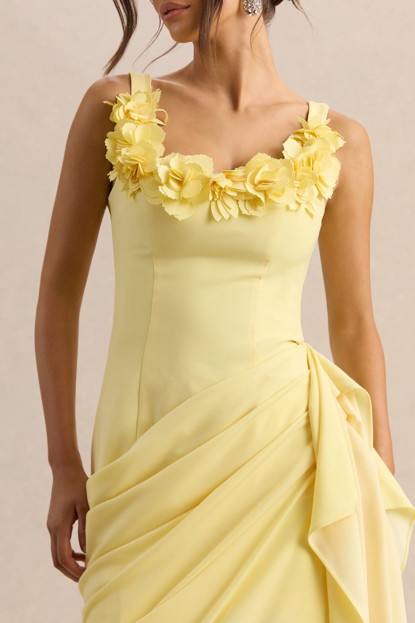 Letitia | Lemon Square-Neck Floral Detailed Wrap Midi Dress
