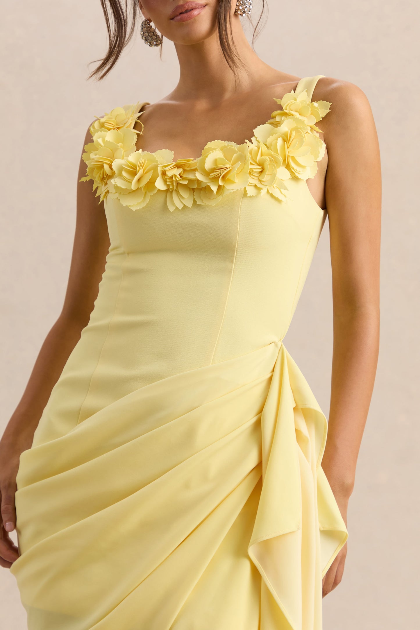 Letitia | Lemon Square-Neck Floral Detailed Wrap Midi Dress