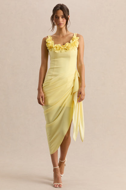 Letitia | Lemon Square-Neck Floral Detailed Wrap Midi Dress